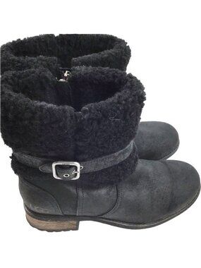UGG Blayne Shearling Cuff Buckle Strap Leather Ankle Boots Womens 6.5 Black